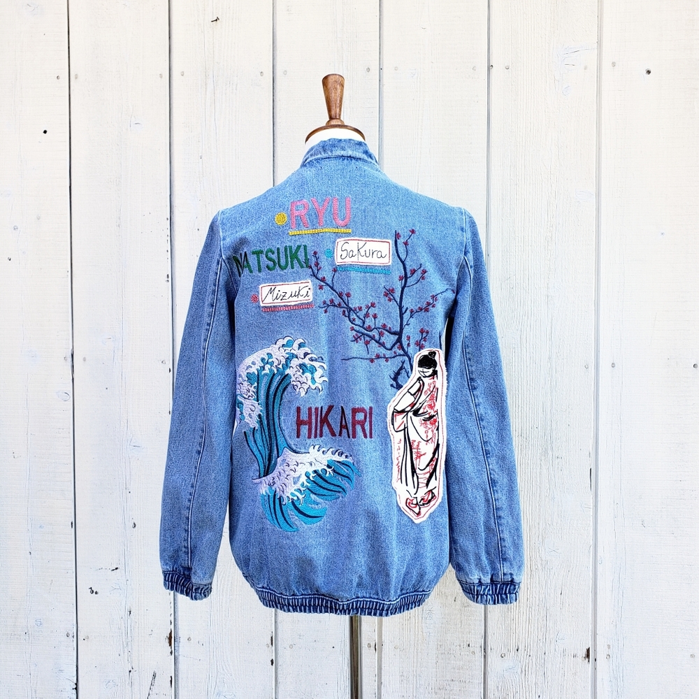 Zara Trafaluc Japanese Theme Embroidered Denim Bomber Jacket Size XS